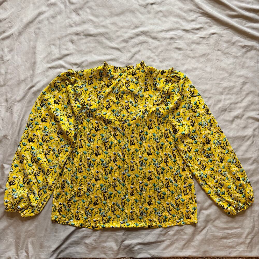 LOFT Outlet Yellow Floral Ruffle Neck Blouse Medium Long Sleeve Boho Cottagecore - Picture 3 of 9
